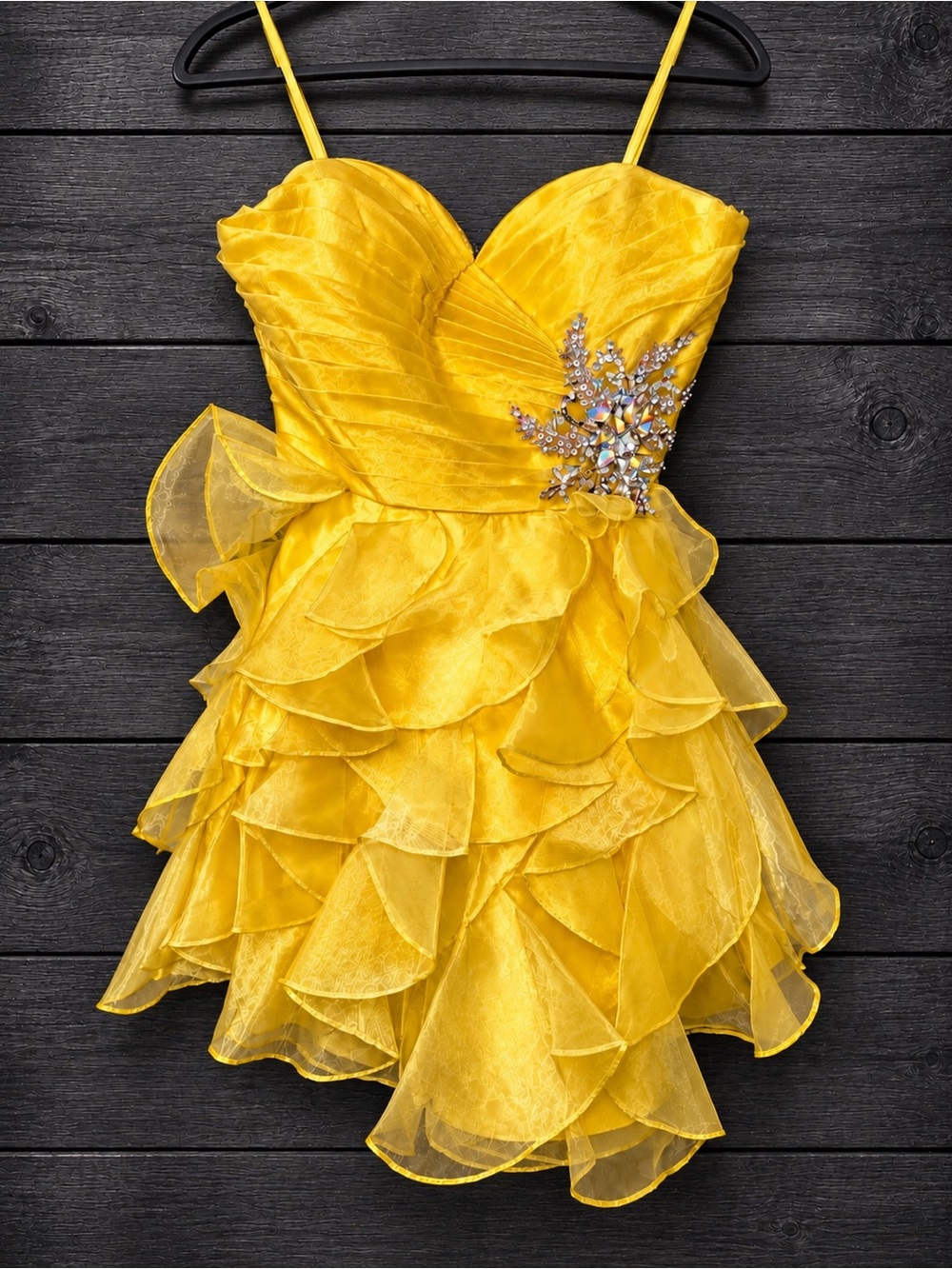 Cinderella Strapless Yellow Ruffle Homecoming Dress with Crystal Embellishment